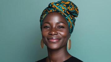 Smiling African Woman in Headwrap A Portrait of Confidence photo