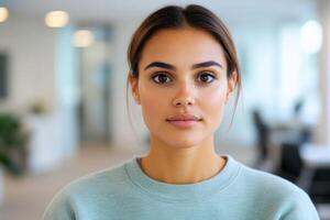 Portrait of a confident woman in an office, with a blurred background photo
