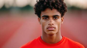Portrait of a Determined Young Athlete in a Red Jersey photo