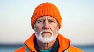 Mature Man in Orange Winter Outfit, Thoughtful Portrait photo