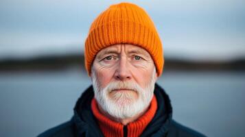 Portrait of a Senior Man in an Orange Knitted Hat photo