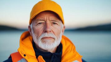 Portrait of a Mature Man in an Orange Jacket and Hat photo
