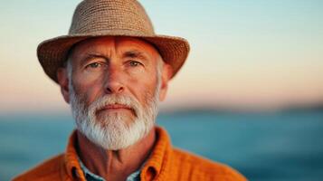 Mature Man in a Straw Hat, Contemplative Portrait at Sunset photo