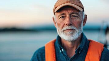 Mature Man by the Waterfront A Portrait of Reflection and Wisdom photo