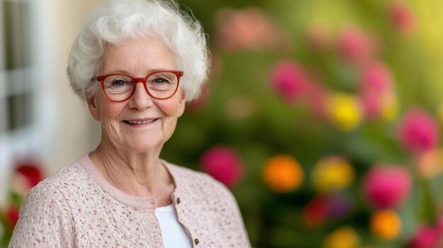 Smiling Senior Woman in a Garden Setting, A Portrait of Joyful Maturity photo