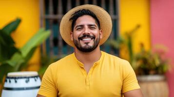 Smiling Man in a Yellow Shirt and Straw Hat Portrait Photography photo