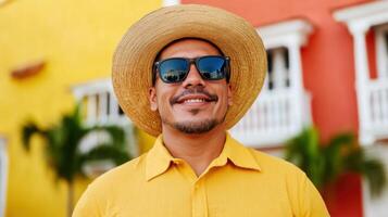 Smiling Man in Straw Hat and Sunglasses, City Street Style photo