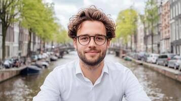 Portrait of a Man in a City Setting by a Canal photo