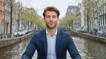 Confident Businessman in a Dutch Cityscape photo