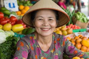 Smiling Market Vendor Surrounded by Fresh Produce photo