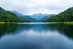 Serene Mountain Lake Landscape Tranquil Reflection of Nature's Beauty photo