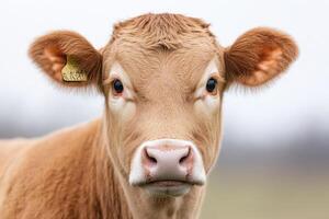 of a charming brown cow's face, showcasing its expressive eyes and soft fur. Perfect for nature lovers and farm enthusiasts. photo