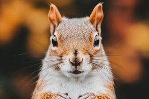 of a Curious Squirrel Face in Autumn Forest photo