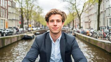 Portrait of a Man by the Amsterdam Canal, Evoking a Sense of Calm and Confidence photo