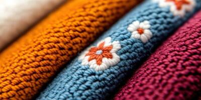 view of colorful knitted fabrics with embroidery photo