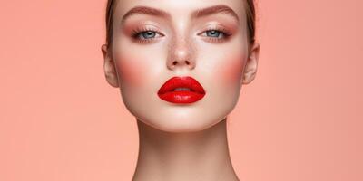 Portrait of a Beautiful Woman with Red Lipstick and Flawless Makeup. A Stunning Fashion and Beauty Image Showcasing Perfect Skin photo