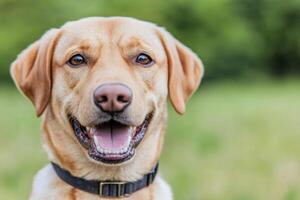 A heartwarming portrait of a happy yellow Labrador Retriever, showcasing its playful nature and adorable smile. This image capture photo
