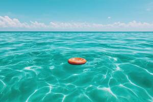 Orange inflatable ring floating on a calm turquoise ocean under a vibrant blue summer sky. A serene and tranquil seascape, perfect photo