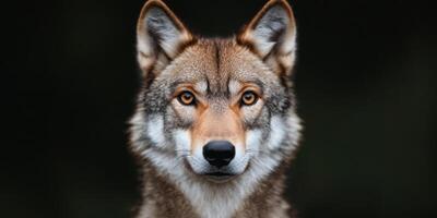 Majestic Wolf Portrait Intense Gaze of a Wild Canine in Dark Forest. A captivating showcasing the animal's power and beauty. photo