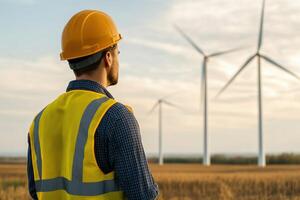 Engineer Overlooking Wind Turbines A Symbol of Sustainable Energy and Environmental Progress photo
