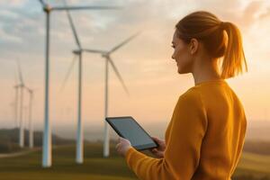 Woman using tablet in front of windmills at sunset. A symbol of clean energy, sustainable technology, and environmental progress. photo