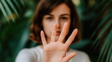 Woman's Hand Showing Stop Gesture A Powerful Image of Refusal, Rejection, and Self Protection photo