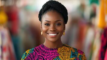 Portrait of a beautiful and happy African woman wearing a colorful dress. She is smiling and looking directly at the camera. The i photo