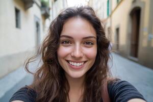 Radiant young woman smiles in a charming European city street. A captivating portrait filled with happiness and joy, showcasing a photo