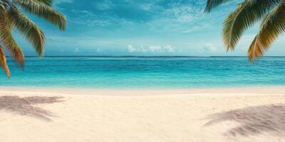 Tranquil Tropical Beach Scene Idyllic Summer Vacation Getaway. Escape to a serene paradise with pristine sands, crystal clear turq photo