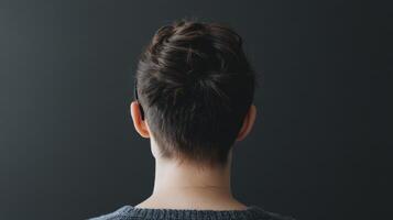 view of a woman's back, showcasing her short, stylish bun hairstyle. The image is a portrait style studio shot against a dark back photo