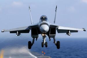 Powerful Military Jet Fighter Landing on Aircraft Carrier Dynamic Flight and Ocean View. A breathtaking image capturing the raw po photo