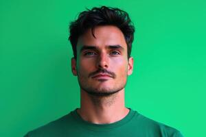 A captivating portrait of a young man, his intense gaze and serious expression highlighted against a vibrant green backdrop. The i photo