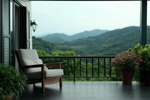 Mountain View from a Balcony Serene Landscape, Relaxing Chair, Peaceful Nature Scene, Vacation Getaway, Tranquil Home, Scenic Pano photo