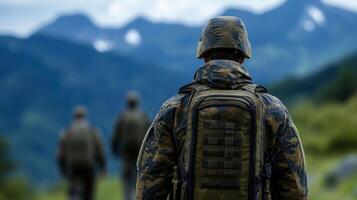 A soldier with a backpack walks through the mountains, enjoying the scenic view. The image depicts a military person on a mission, photo
