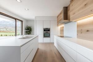 Modern Minimalist Kitchen Design A Luxurious and Spacious Interior with Stunning Landscape Views. The bright, clean, and elegant s photo