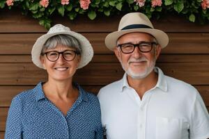 A Portrait of a Happy Elderly Couple Smiling Joyfully, Embracing Retirement and Enjoying Life Together. A Symbol of Love, Contentm photo