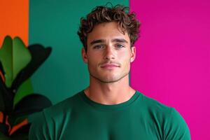 A captivating portrait of a young, handsome man with curly hair. He is dressed in a stylish green shirt and is looking directly at photo