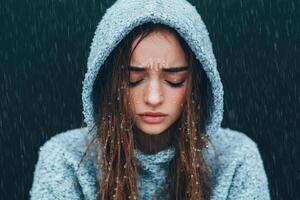 A poignant portrait of sadness, captured in the gentle fall of rain. The model's downcast eyes and pensive expression evoke a sens photo