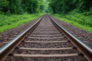 Railroad Tracks Through Lush Green Forest A Journey into Tranquility. The image showcases a picturesque railway line cutting thro photo