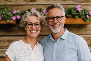 Portrait of a Happy Senior Couple Smiling Together, Enjoying Retirement and a Peaceful Life. A Symbol of Love, Partnership, and Co photo