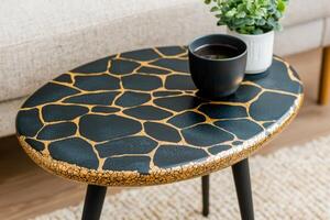 Black and Gold Side Table Modern Luxury Home Decor, Stylish and Elegant Oval Coffee Table with Artistic Pattern, Perfect for Livin photo