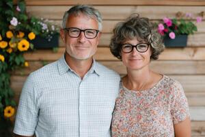 A Captivating Portrait of a Mature Couple, Radiating Happiness and Connection, Set Against a Vibrant Floral Backdrop. This image e photo