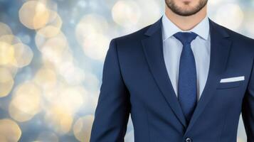 A dashing portrait of a man in a sharp blue suit, exuding professionalism and style. The image is perfect for business, corporate photo