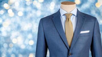 Sophisticated Blue Suit A Timeless Classic for the Modern Gentleman. This image showcases a sharp, tailored blue suit with a gold photo