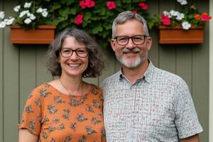 A Happy Couple Portrait Smiling Man and Woman in Summer Garden, Casual Outdoor Photo, Lifestyle Photography, Candid Shot, Natural photo