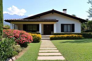 Luxury Home Exterior Modern Architecture, Landscaped Garden, and Serene Pathway. Discover the epitome of elegant residential livin photo