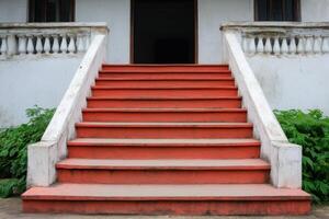 Red painted steps leading to an old colonial house entrance. The weathered stone stairs and white balustrade add to the vintage ch photo