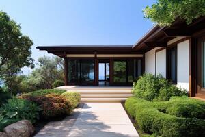 Serene Modern Oceanview Home Japanese Inspired Architecture, Minimalist Design, Luxurious Property, Tranquil Garden, Zen Landscape photo