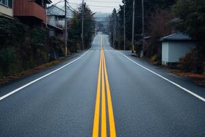 Serene Autumn Drive A Picturesque Journey Down a Tranquil Country Road, Surrounded by Lush Greenery and Charming Houses. The road photo