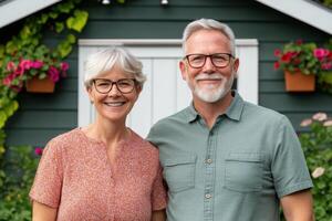 Happy Senior Couple Smiling in Front of Their Home Retirement, Love, and Happiness in a Beautiful Garden Setting photo